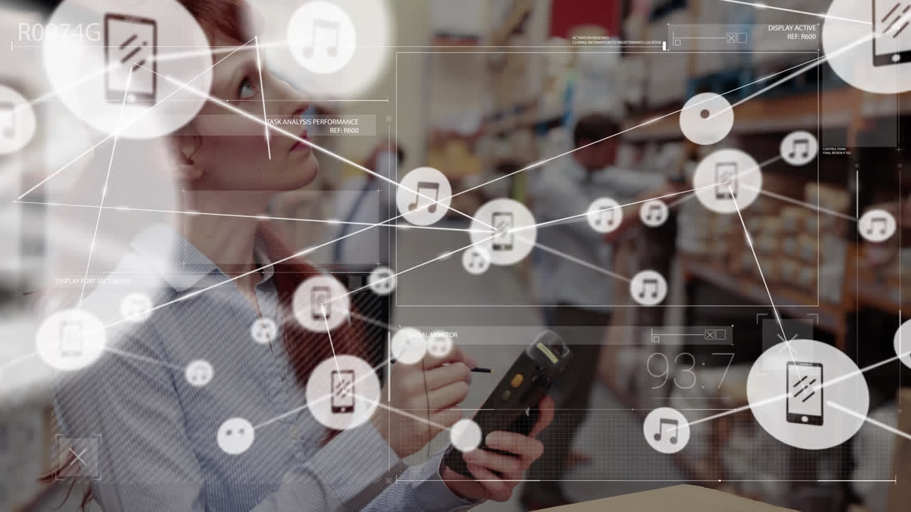 라인과 연결된 아이콘의 애니메이션, 카우카시안 여성이 기술의 주식 세부 사항을 입력합니다.