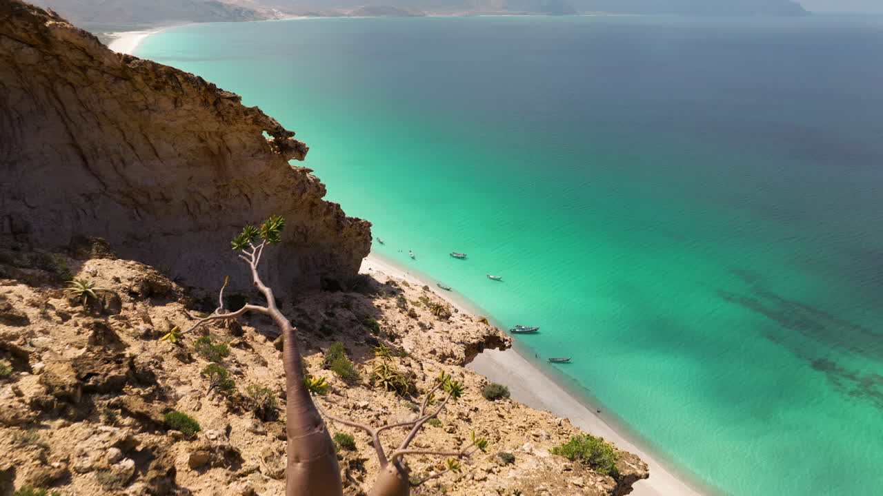 Shoab Beach With Turquoise Seascape In Yemen - Aerial Pullback