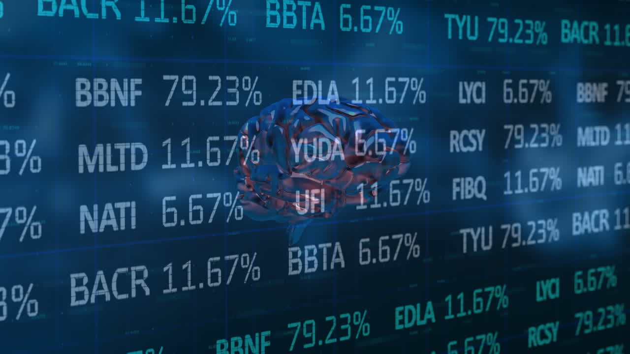 Animation of stock market data over rotating brain on dark blue background