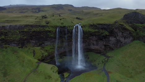 aerial: slow panning shot of seljalandsfoss waterfall in iceland during dusk