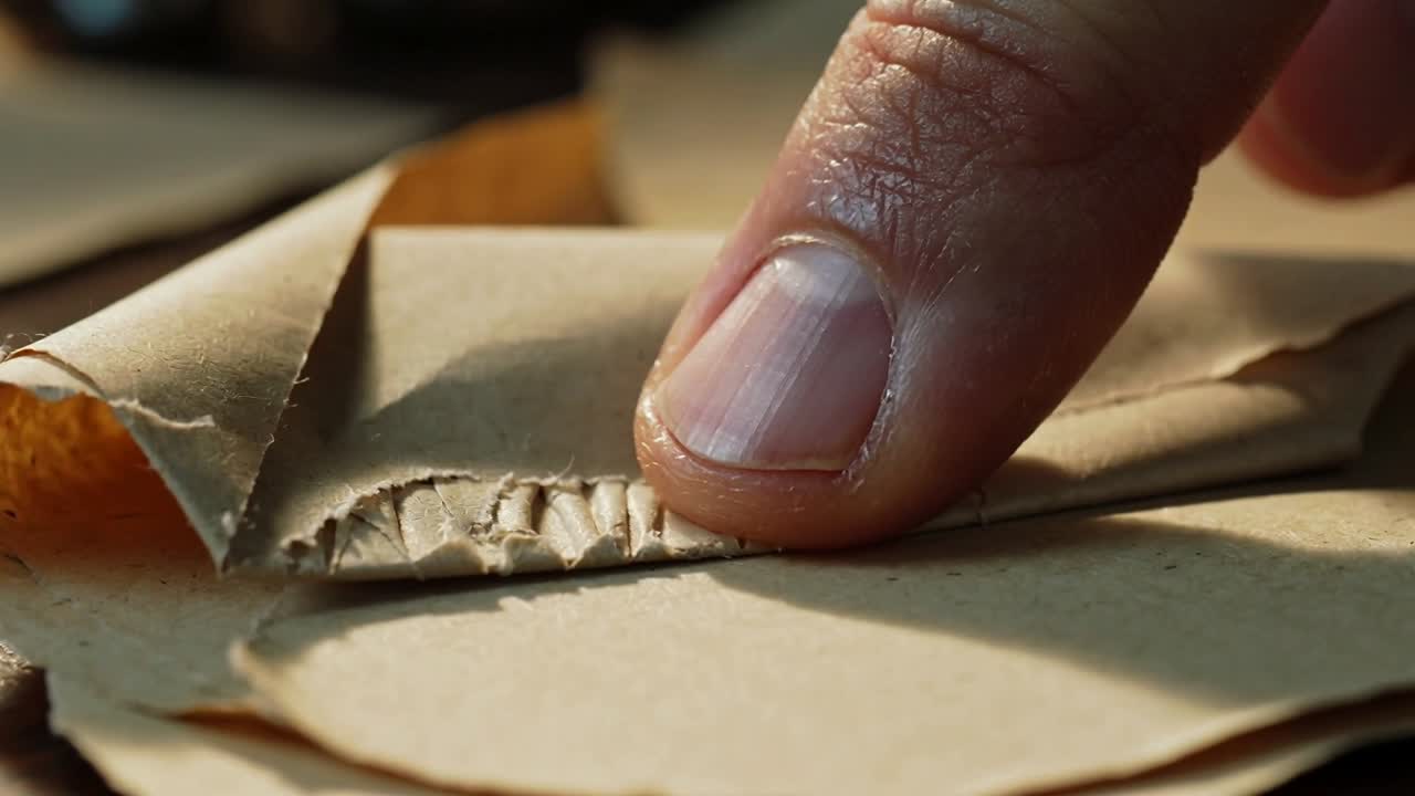 Il polpastrello destro solleva un angolo strappato su una panca, esponendo carta marrone e ispezionando il cartone.