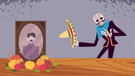 día de la escena de la muerte con esqueleto y retrato