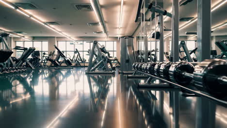interior view of a modern, empty gym with various weightlifting and fitness equipment