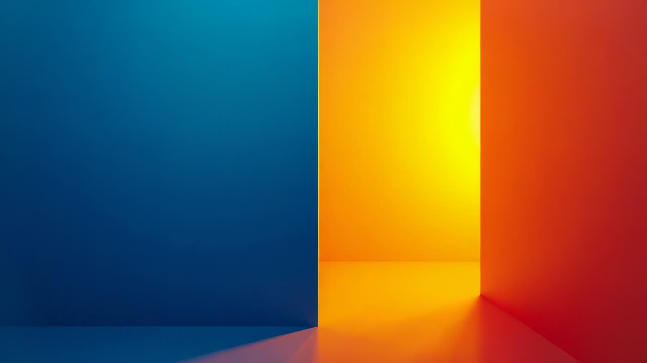 Opening frame showing doorway glow expanding disc on shiny floor amid blue or red walls, copy space