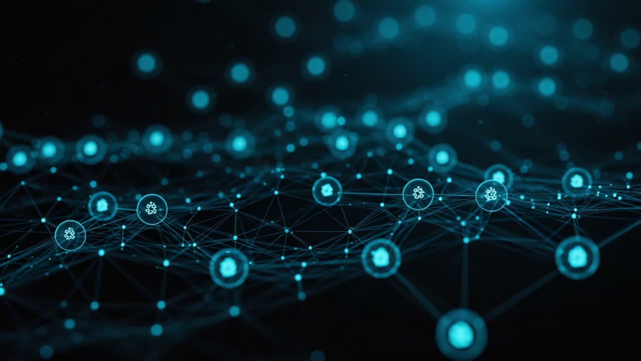 Dynamic Visualization of a Network Structure with Glowing Icons Representing Connectivity and Data Flow in a Dark Digital Landscape