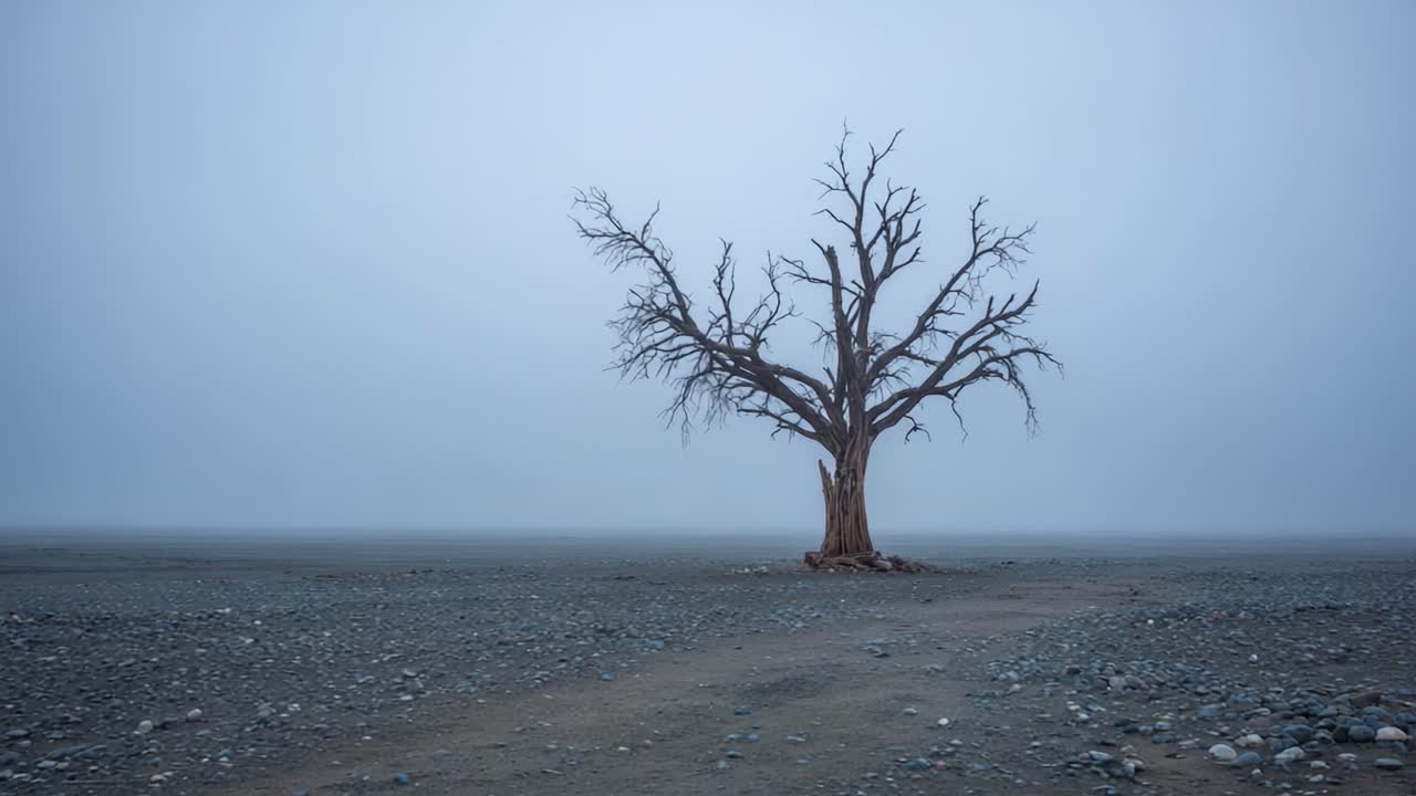 A solitary, leafless tree stands starkly against a fog-covered landscape, embodying resilience and solitude in an expansive, barren terrain