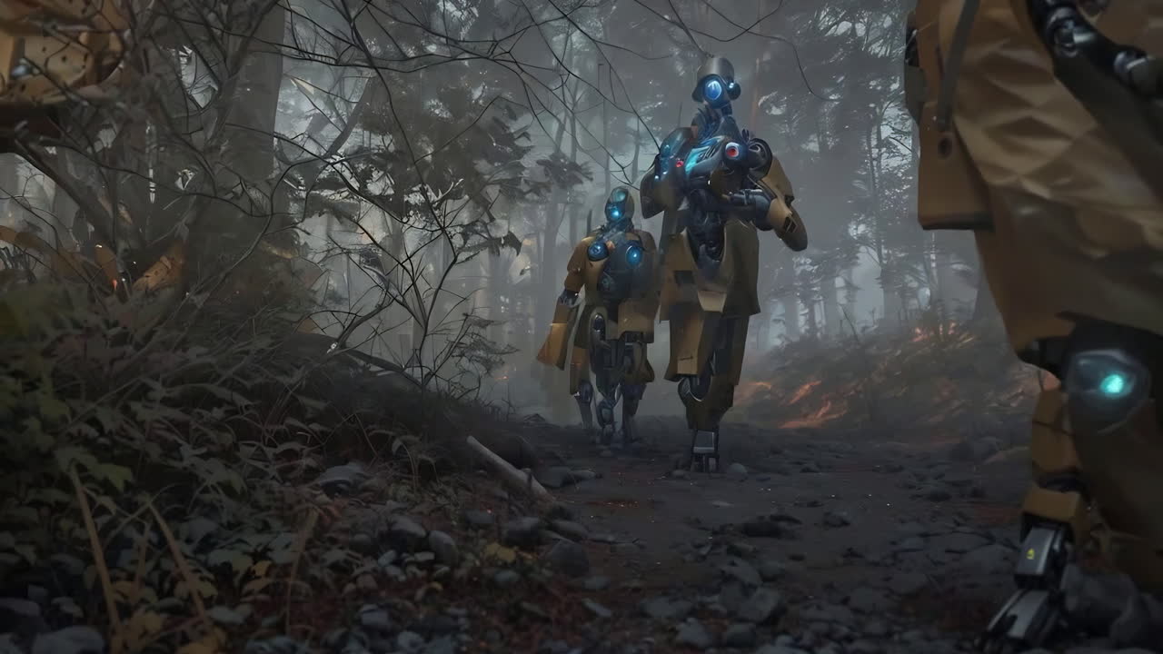 Futuristic Soldiers in a Misty Forest