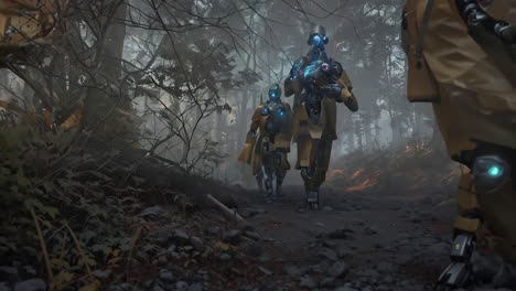 futuristic soldiers in a misty forest