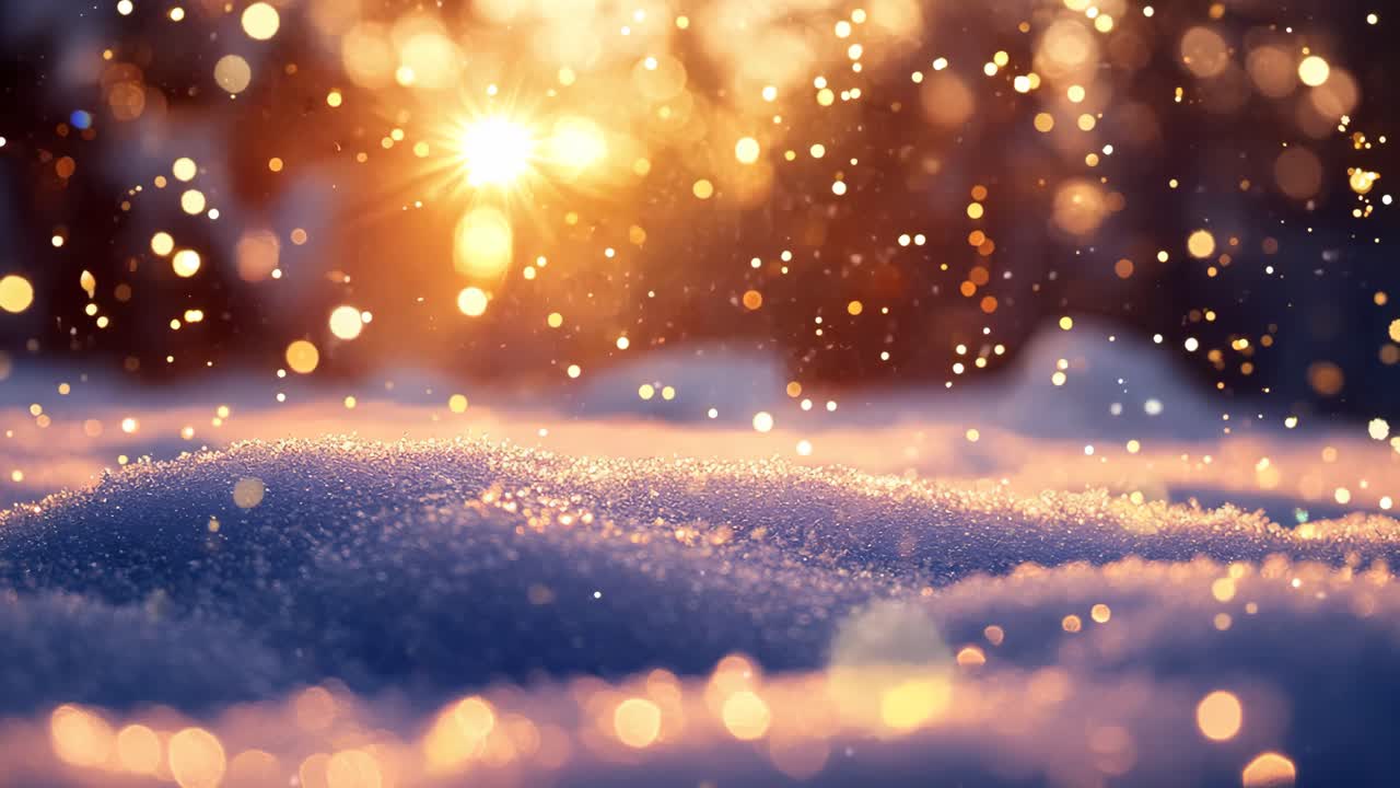 A snowy landscape with a bright sun in the background. The sun is casting a warm glow on the snow, creating a serene and peaceful atmosphere. The snow is scattered all over the ground