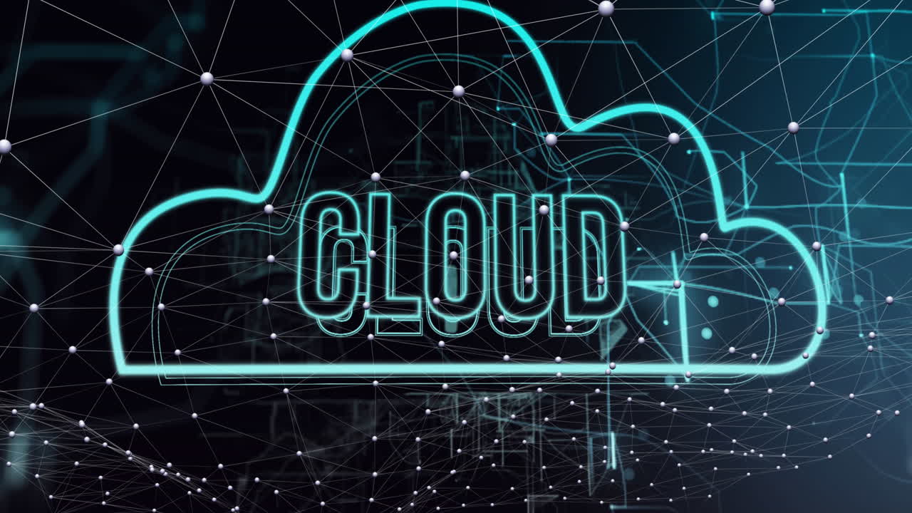 animación de texto en la nube, conexiones y procesamiento de datos.