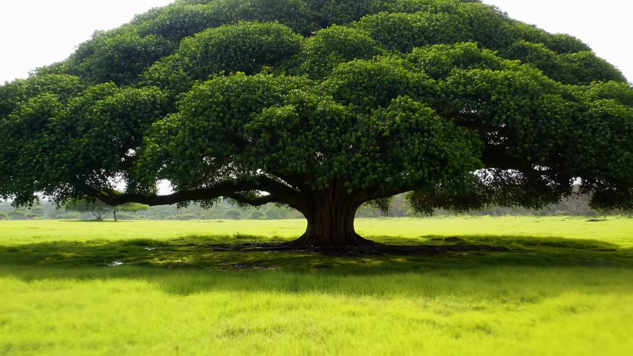 Majestic Tree In Green Meadow, Broad Canopy Casting Deep Shade Over Vibrant Grass, Thick Trunk With Exposed