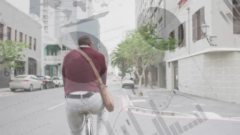 procesamiento de datos estadísticos contra la vista trasera de un hombre mayor afroamericano montando una bicicleta