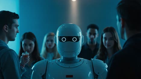 a humanoid robot stands at the center of a group of fascinated individuals, embodying a blend of technology and human curiosity, highlighting the future of artificial intelligence interaction