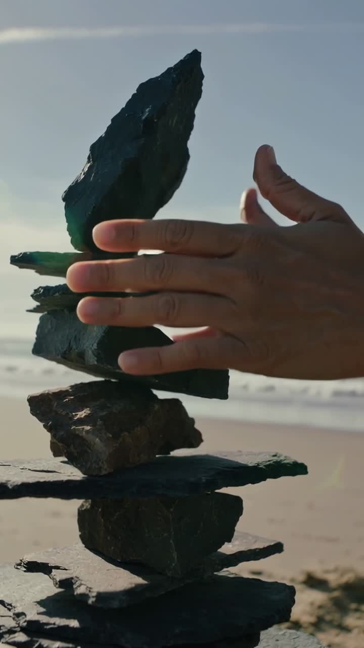 Video verticale: Mani che si allungano impilando rocce piatte e scure su una spiaggia sabbiosa, bilanciandole per la meditazione