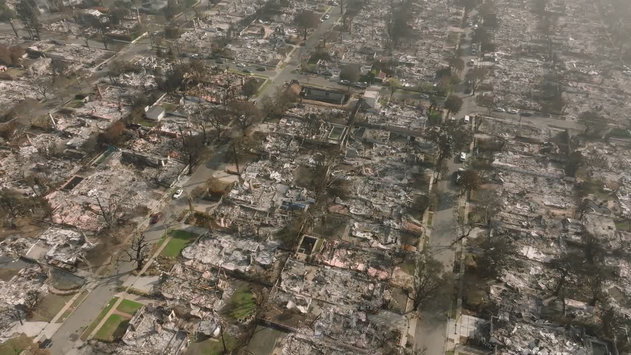 4K aerial of Pacific Palisades after the fire in January 2025, Los Angeles, California, USA.