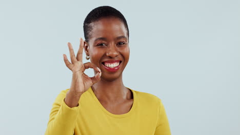 okay, hands and face of woman in studio for vote
