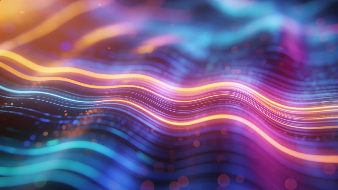 Cintas de neón ondeantes moviéndose en un render 3D con partículas, impulsadas por animación de ondas, mostrando profundidad.