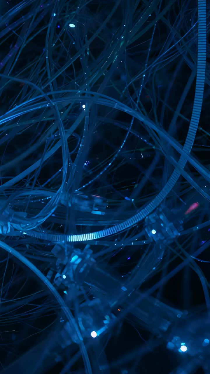 Vertical video: Pulsing light sending strands and striped band drifting in black set, showing nodes