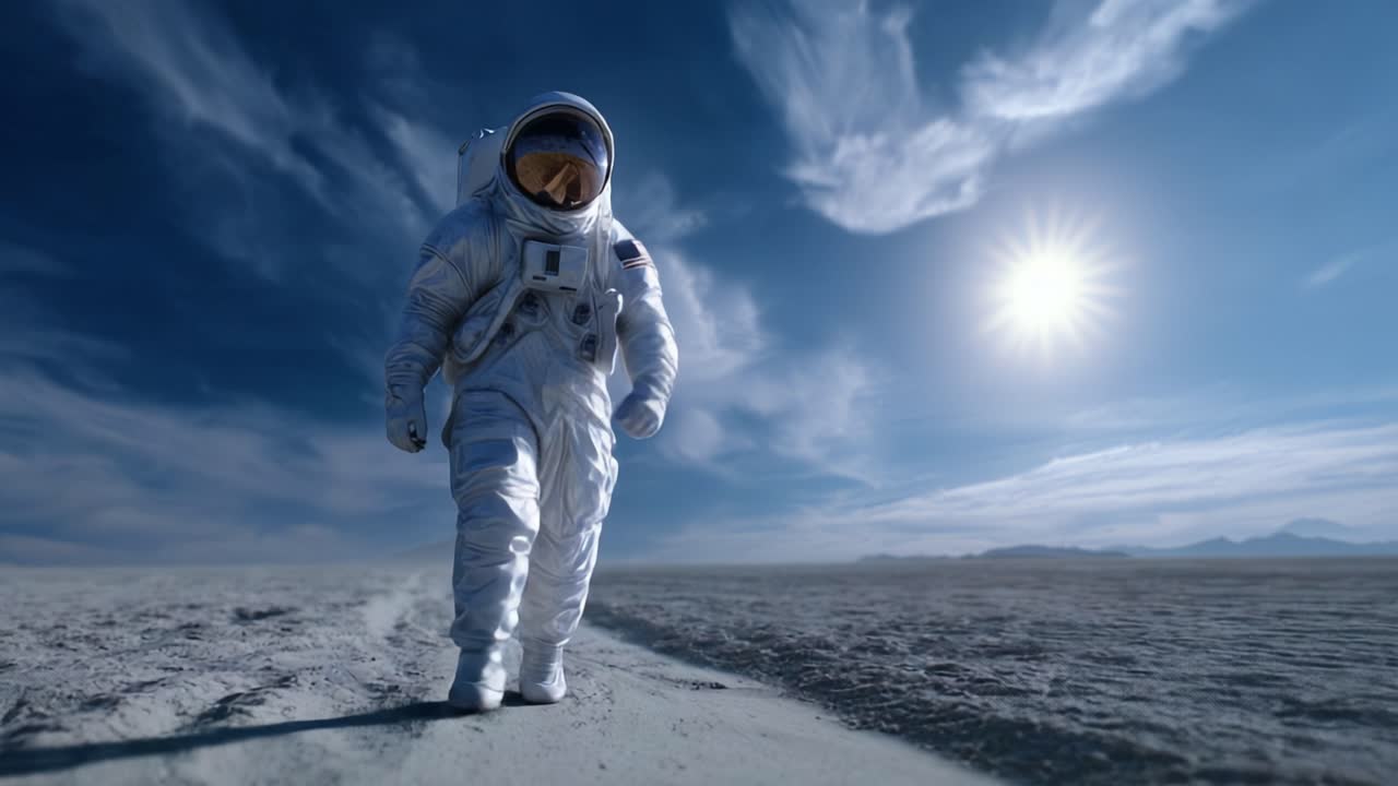 Un astronauta solitario camina con determinación por un paisaje desolado bajo un sol brillante, encarnando el espíritu de exploración y descubrimiento en un entorno austero