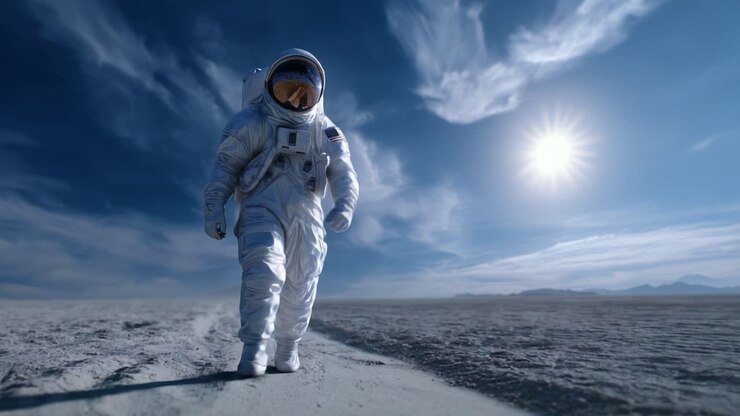 A solitary astronaut strides purposefully across a desolate landscape under a bright sun, embodying the spirit of exploration and discovery in stark surroundings