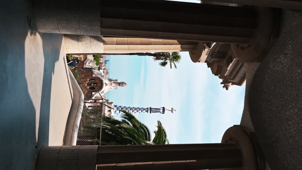 Inner court of the Park Guel, columns in Barcelona, Spain. Verical view