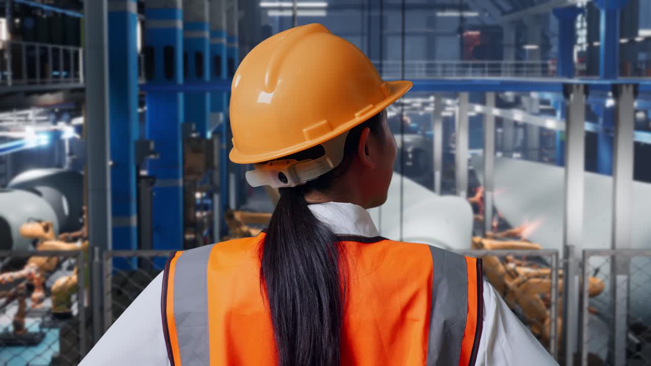 vista de atrás de una ingeniera asiática con casco de seguridad en una fábrica de fabricación de turbinas eólicas. de pie con los brazos akimbo mirando a su alrededor, comprobando