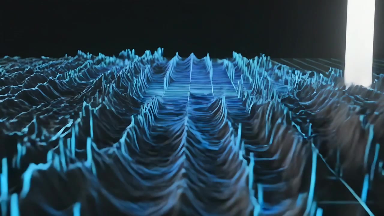 Emanating cyan beam hitting white panel, neon grid surface transforming into 3D waveform