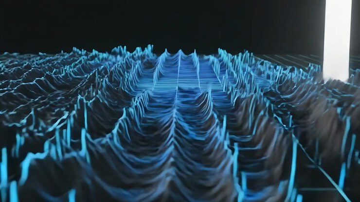 Emanating cyan beam hitting white panel, neon grid surface transforming into 3D waveform