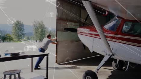 animación de la red de conexiones sobre el avión en el hangar
