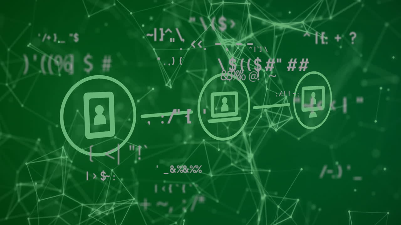 녹색 배경에 아이콘으로 데이터 처리 및 연결 네트워크의 애니메이션