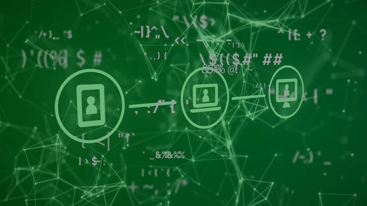 Animation of data processing and network of connections with icons on green background