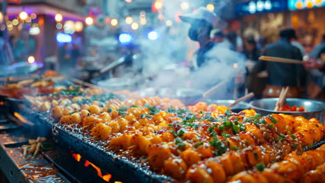 grilled street food at night market in vibrant city. savory grilled skewers are being prepared at a bustling night market filled with lively vendors and the aroma of spices filling the air.