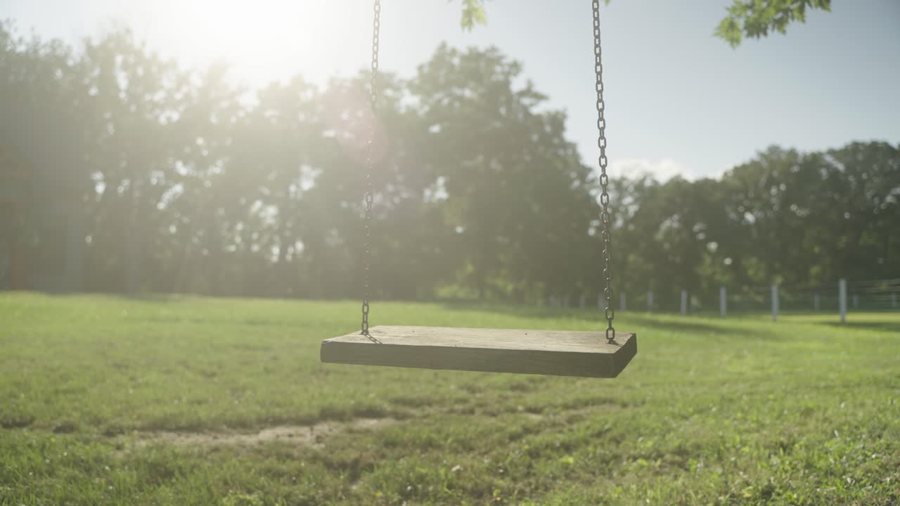 Empty wooden tree swing during sunny afternoon.