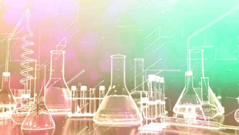 test tubes and other lab glassware scroll seamless loop on colorful with digital effects, modern chemistry concept or scientific background - 60fps 4k uhd 3d loopable animation