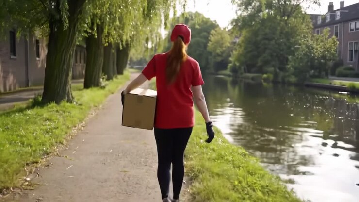 A delivery person in a red shirt and cap walks beside a serene river, carrying a package. The pathway is flanked by lush trees, highlighting the peaceful afternoon atmosphere.