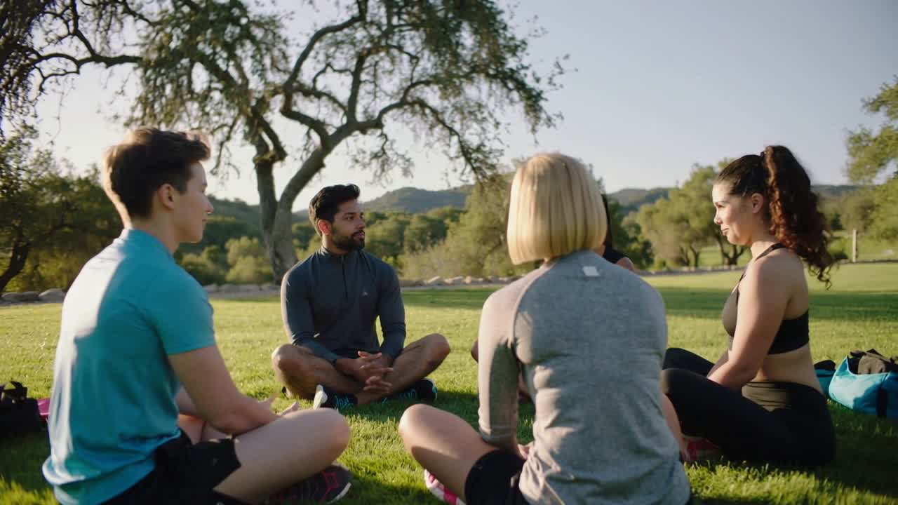 Talende mandlig facilitator guider siddende wellnessgruppe på måtter i parken under eg i sportstøj