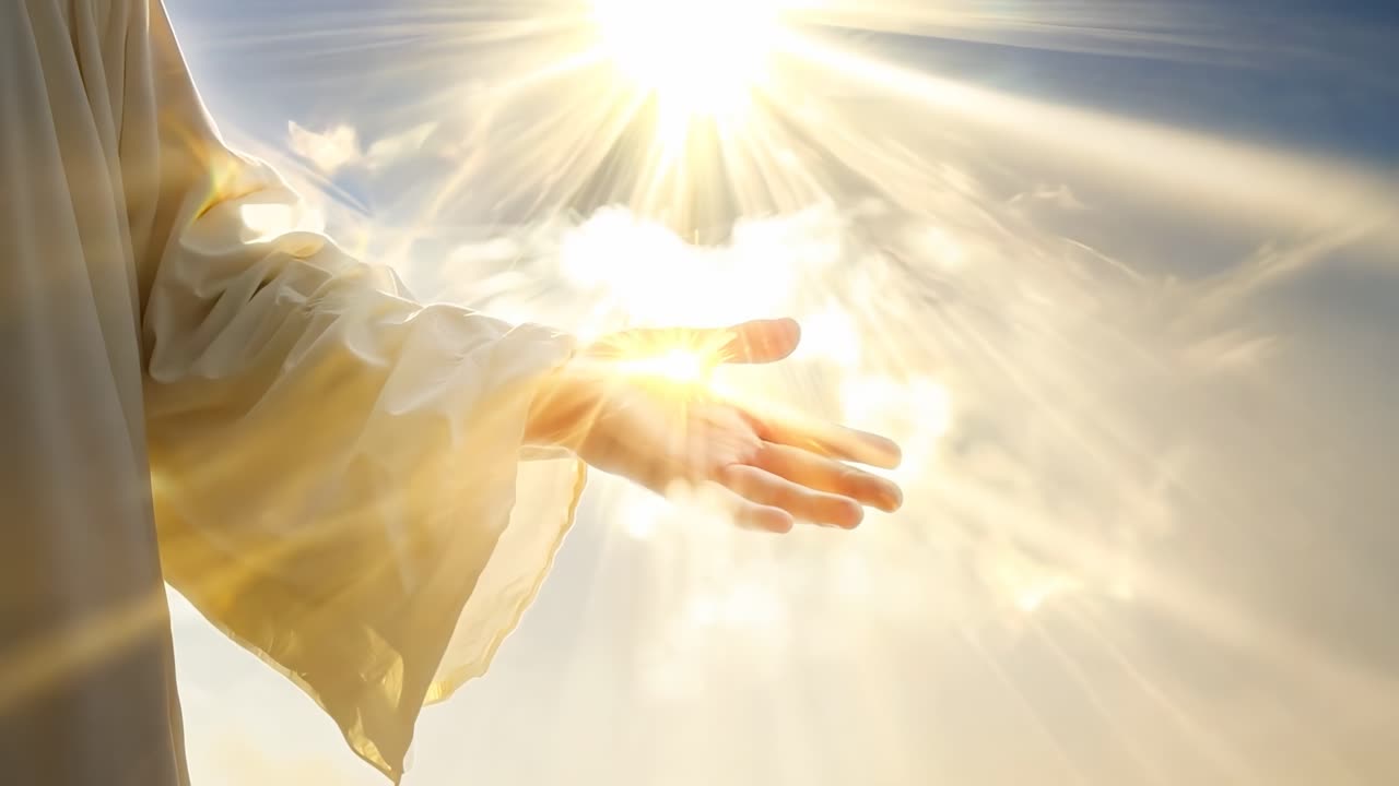 A divine hand reaching out with sun rays in the background, captured from a low angle