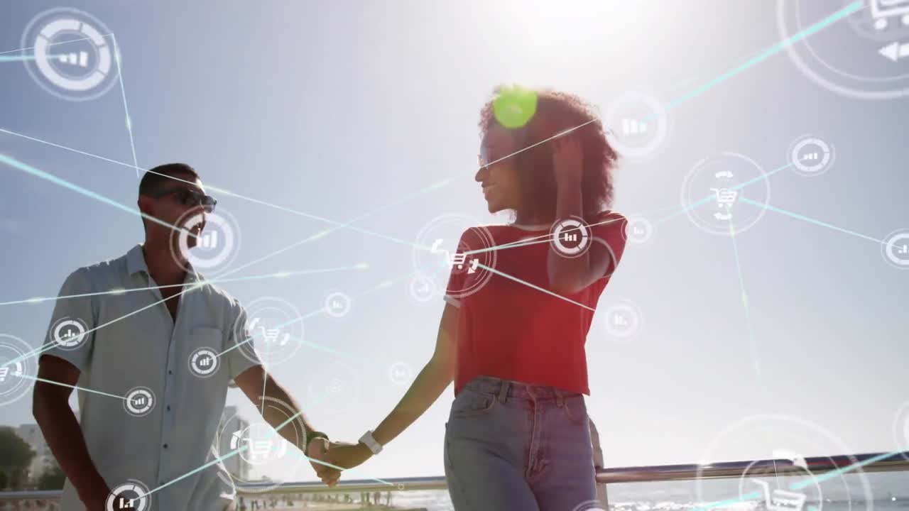 animación de una red de conexiones sobre una pareja feliz en la playa
