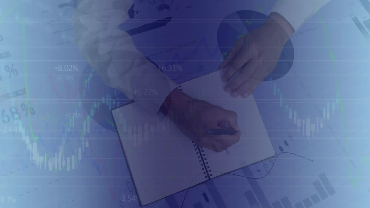 Composizione di elaborazione dati finanziari su disegno di uomo d'affari caucasico