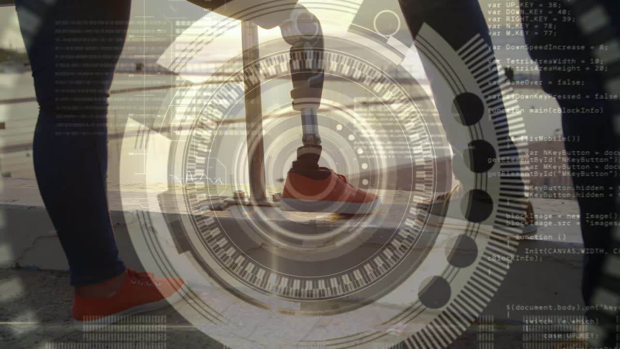 animación de escaneo de alcance sobre el hombre con extremidad artificial de pie en la orilla del mar