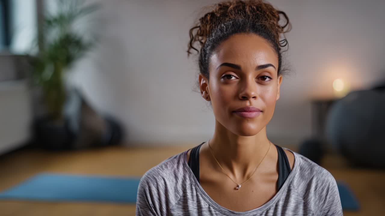 Una joven serena practicando atención plena y centrándose en la calma interior durante una sesión de yoga en un espacio interior tranquilo y bellamente iluminado.