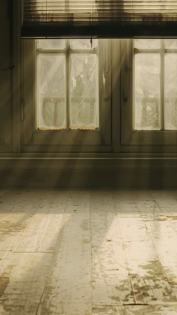 Vertical video: Sun moving across tall pane window in empty studio, showing blind, pull cord, dust