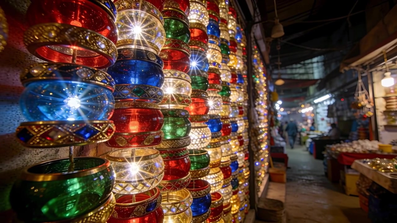 Glijdende camera onthult lantaarns op een bazaar, toont een verkoper in vrijetijdskleding en diepte, met ruimte voor tekst.