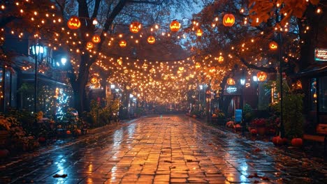 halloween night street with pumpkin lights