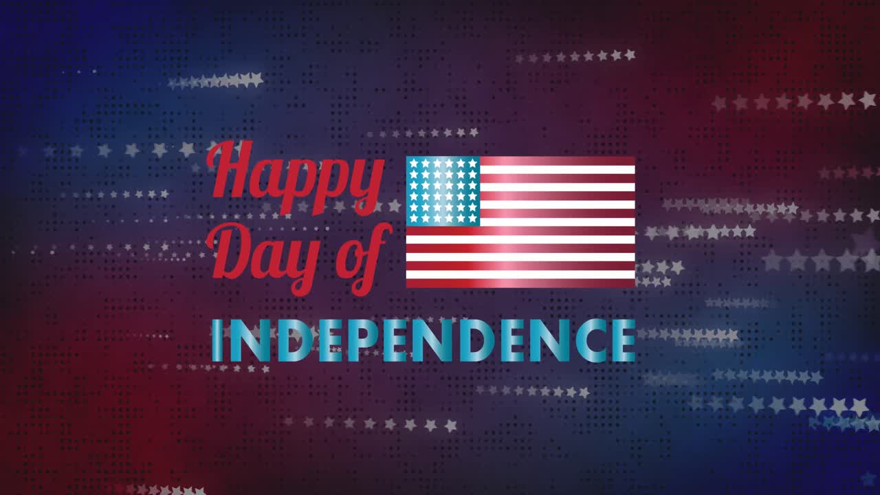 Animation of happy day of independence text over stars on red and blue background