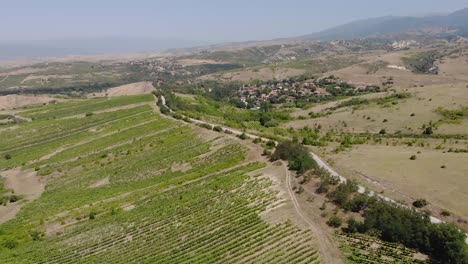 volando sobre una carretera de montaña rodeada de campos vacíos