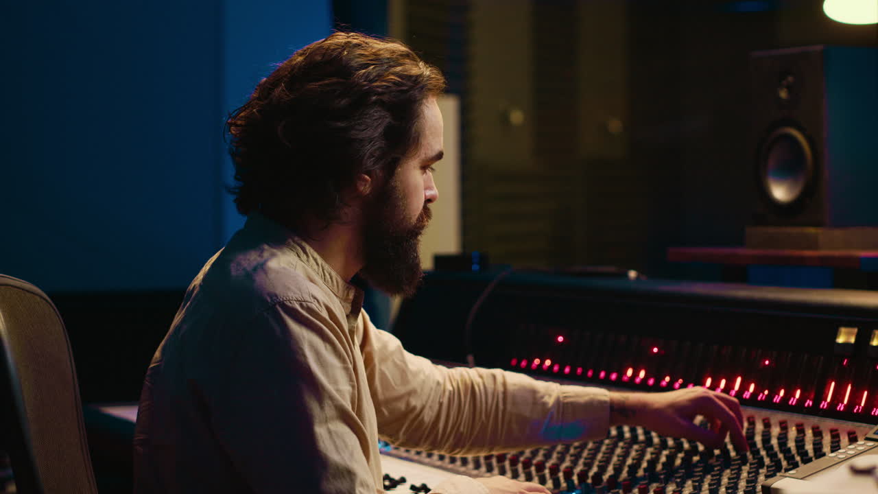 Music engineer working in professional studio control room to do mix and master