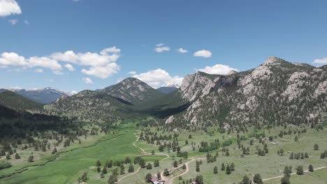 Pristine-Landscape-of-Rocky-Mountains-on-Hot-Sunny-Day,-Drone-Shot-of-Hills,-Evergreen-Forest-and-Pastures,-Colorado-USA