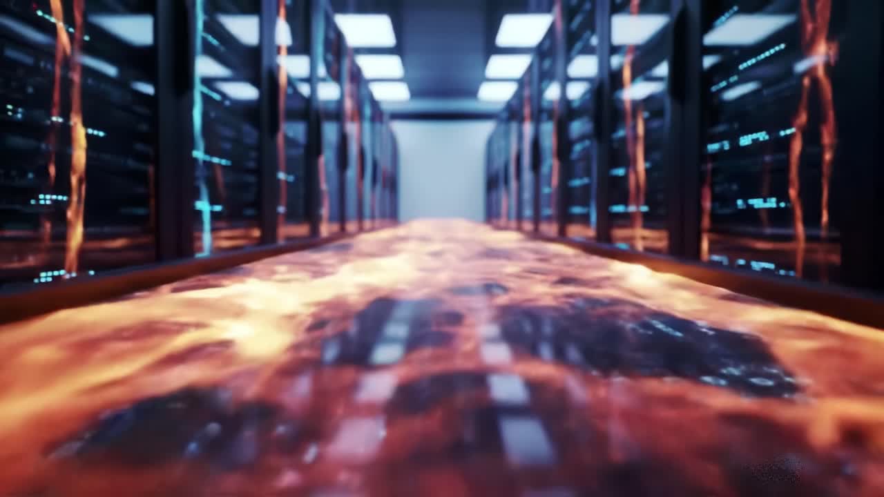 A vibrant data center showcases advanced technology with glowing servers and dynamic lighting. The artificial flames create an engaging atmosphere as the camera glides through the space.