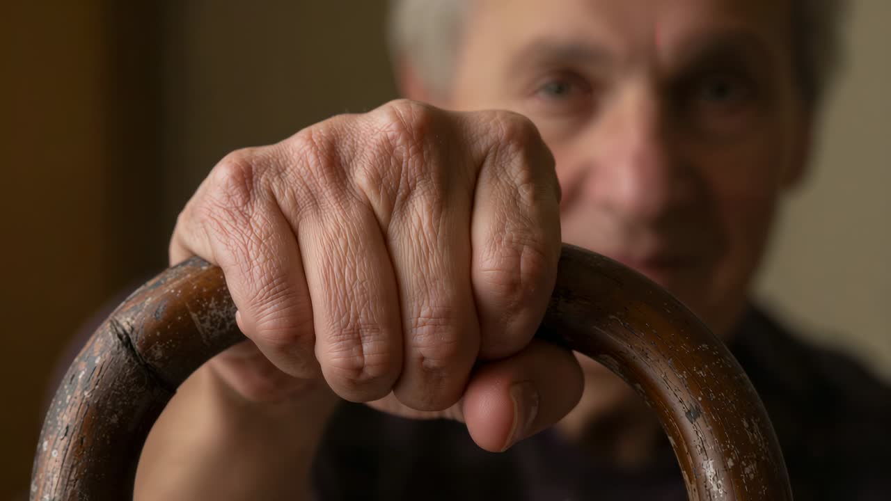 Gripping senior man's right hand tightening on worn cane after lean in room, dark sweater steadying